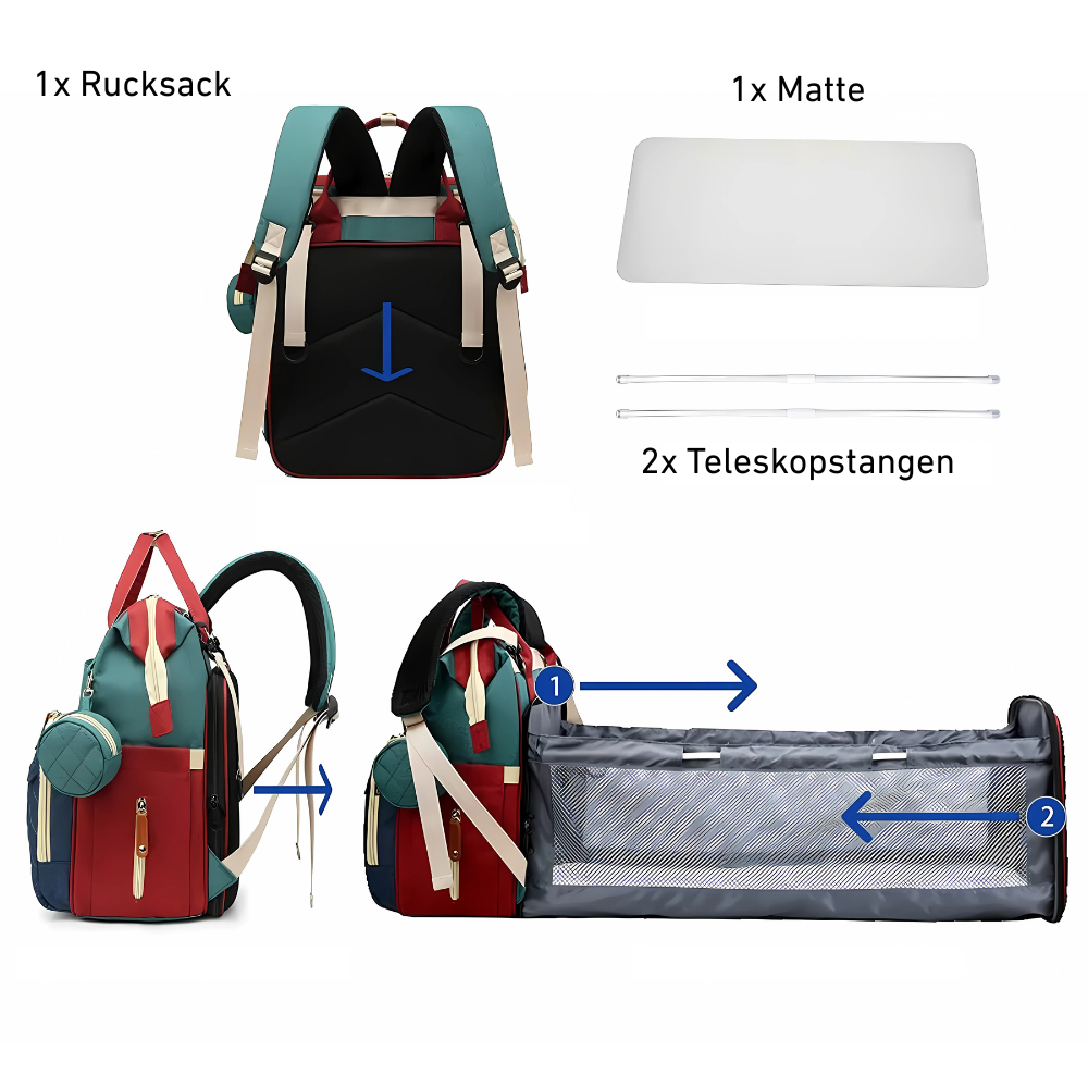 3-in-1 Wickelrucksack mit faltbarem Babybett – Für maximale Flexibilität unterwegs