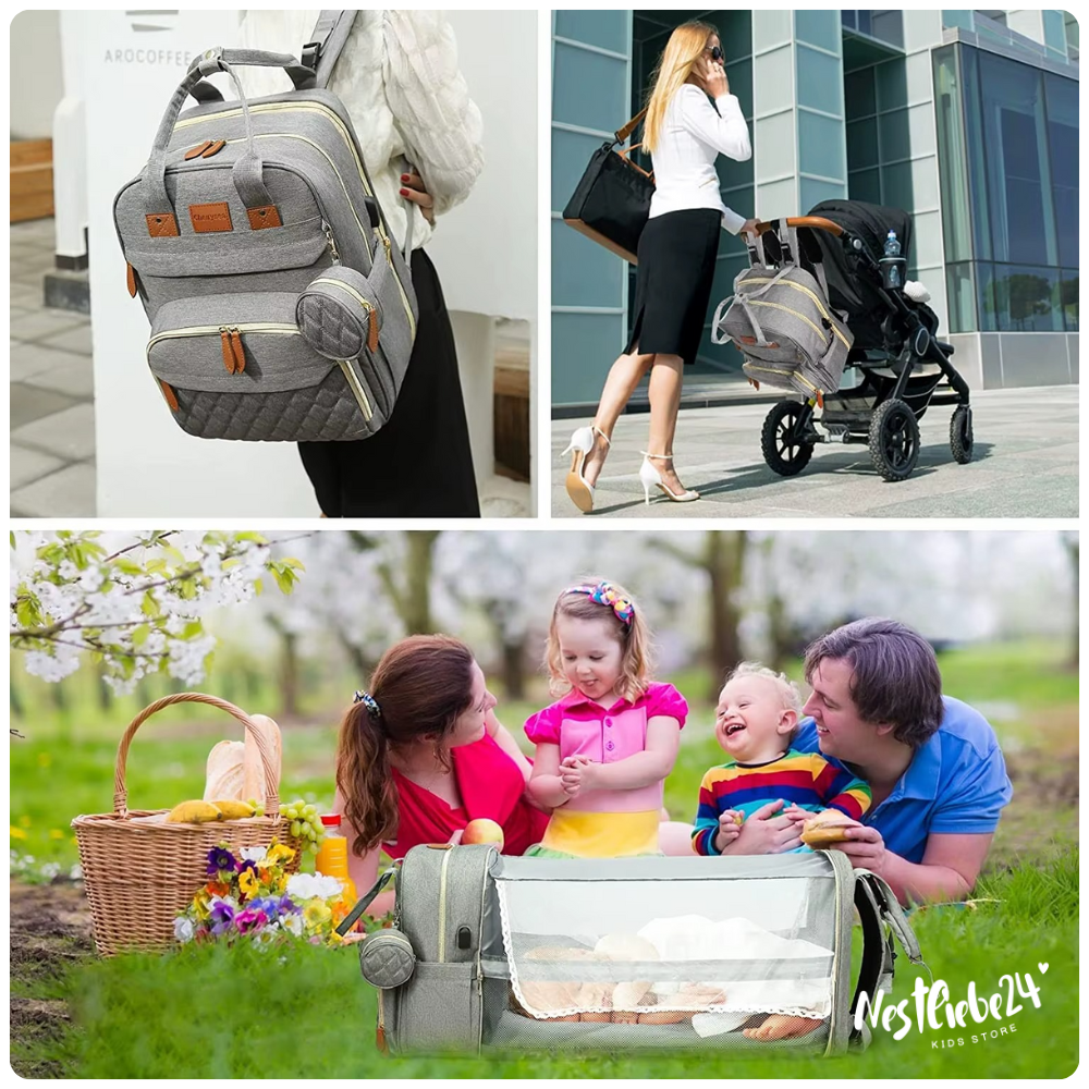 3-in-1 Wickelrucksack mit faltbarem Babybett – Für maximale Flexibilität unterwegs