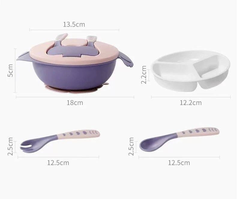 Babyteller mit abnehmbarer Platte, Besteck und Deckel; bunt, kompakt und praktisch