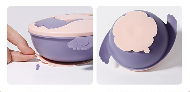 Babyteller mit abnehmbarer Platte, Besteck und Deckel; bunt, kompakt und praktisch