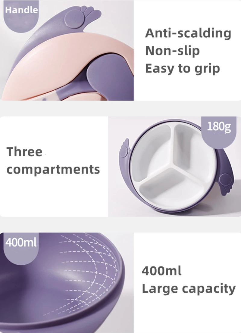 Babyteller mit abnehmbarer Platte, Besteck und Deckel; bunt, kompakt und praktisch